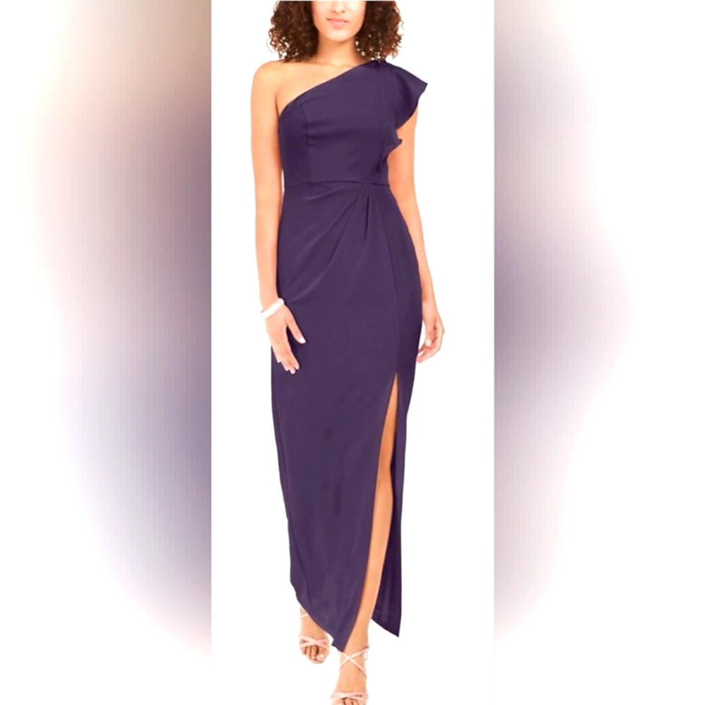 Adrianna Papell Purple One Shoulder Gown with Ruffled Slit